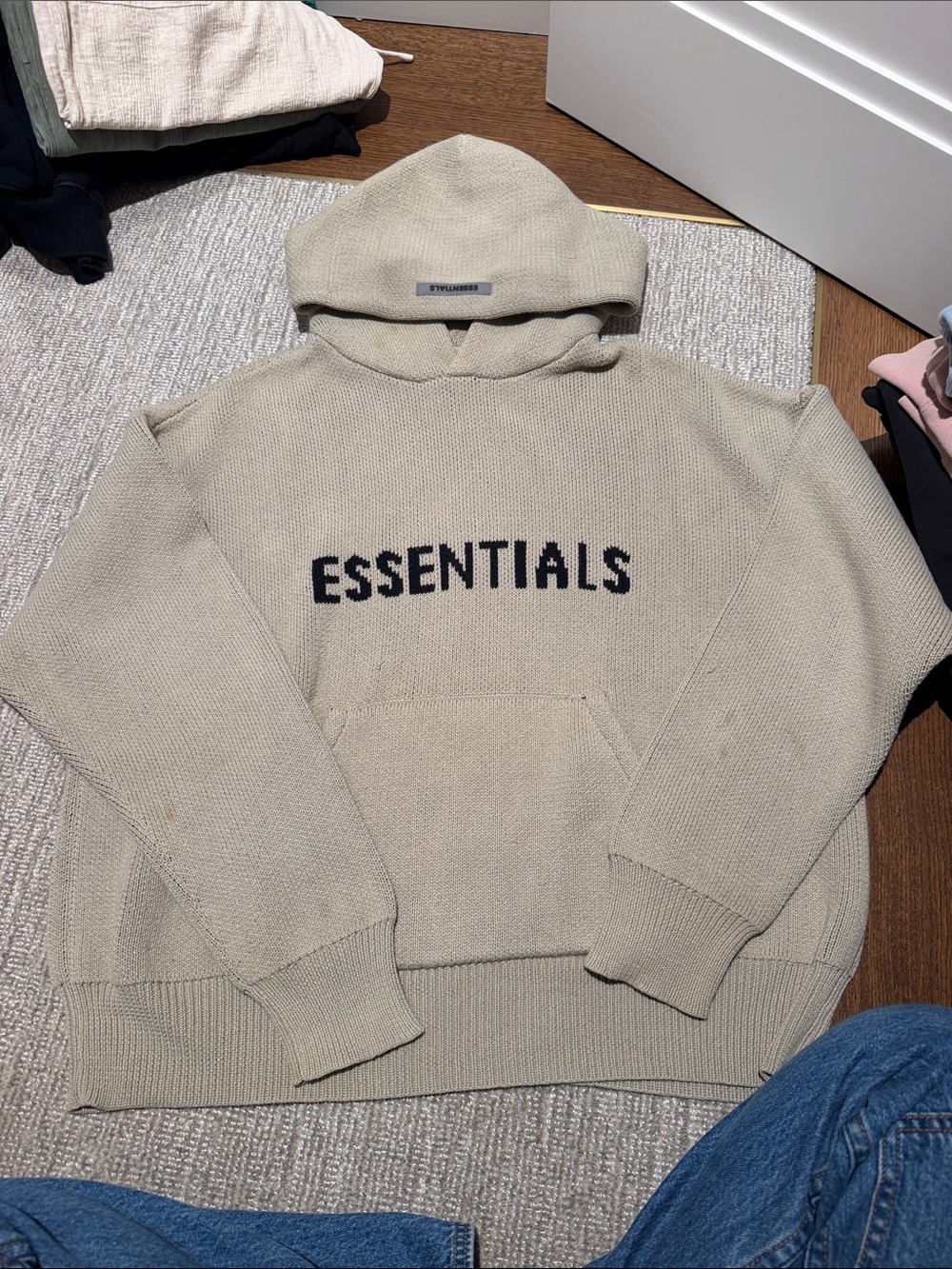 Essentials Beige Knit Zip-Up Hoodie